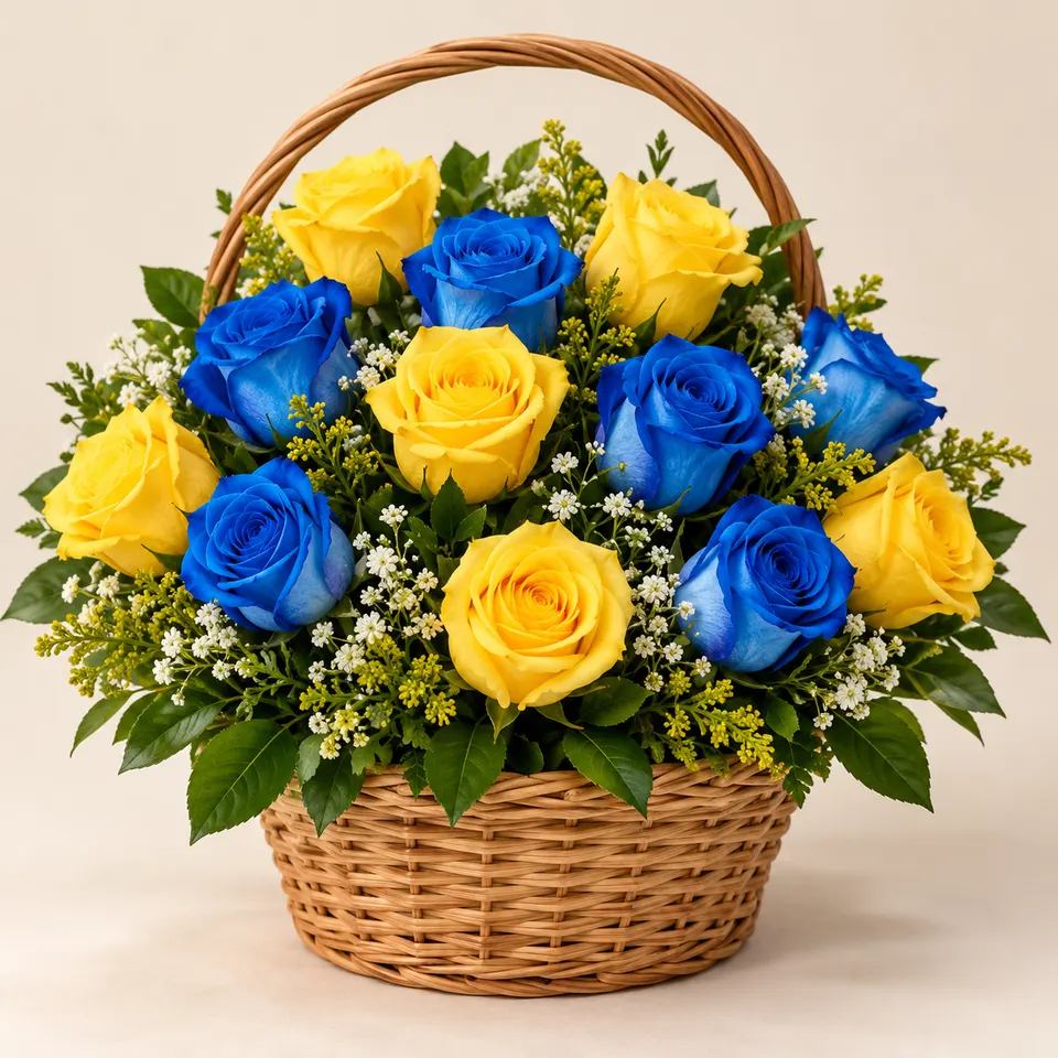 Cesta Pequena de Rosas Azuis e Amarelas