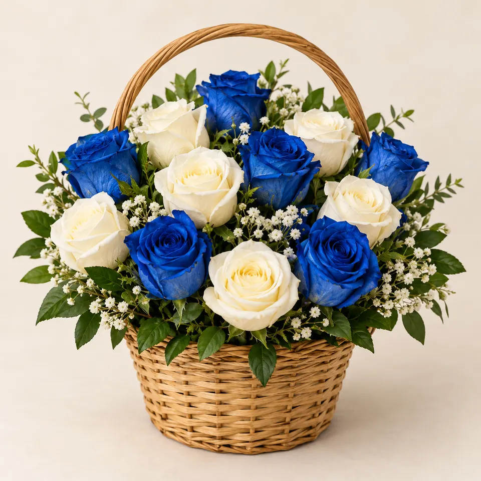 Cesta Pequena de Rosas Azuis e Brancas