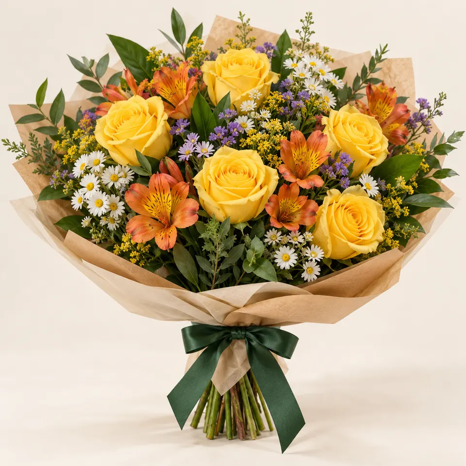 Buquê de Rosas, Alstroemélias e Flores do Campo