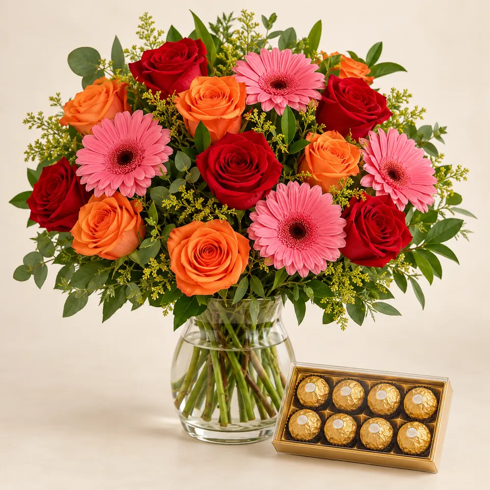 Arranjo de flores mistas em vaso de vidro com Ferrero