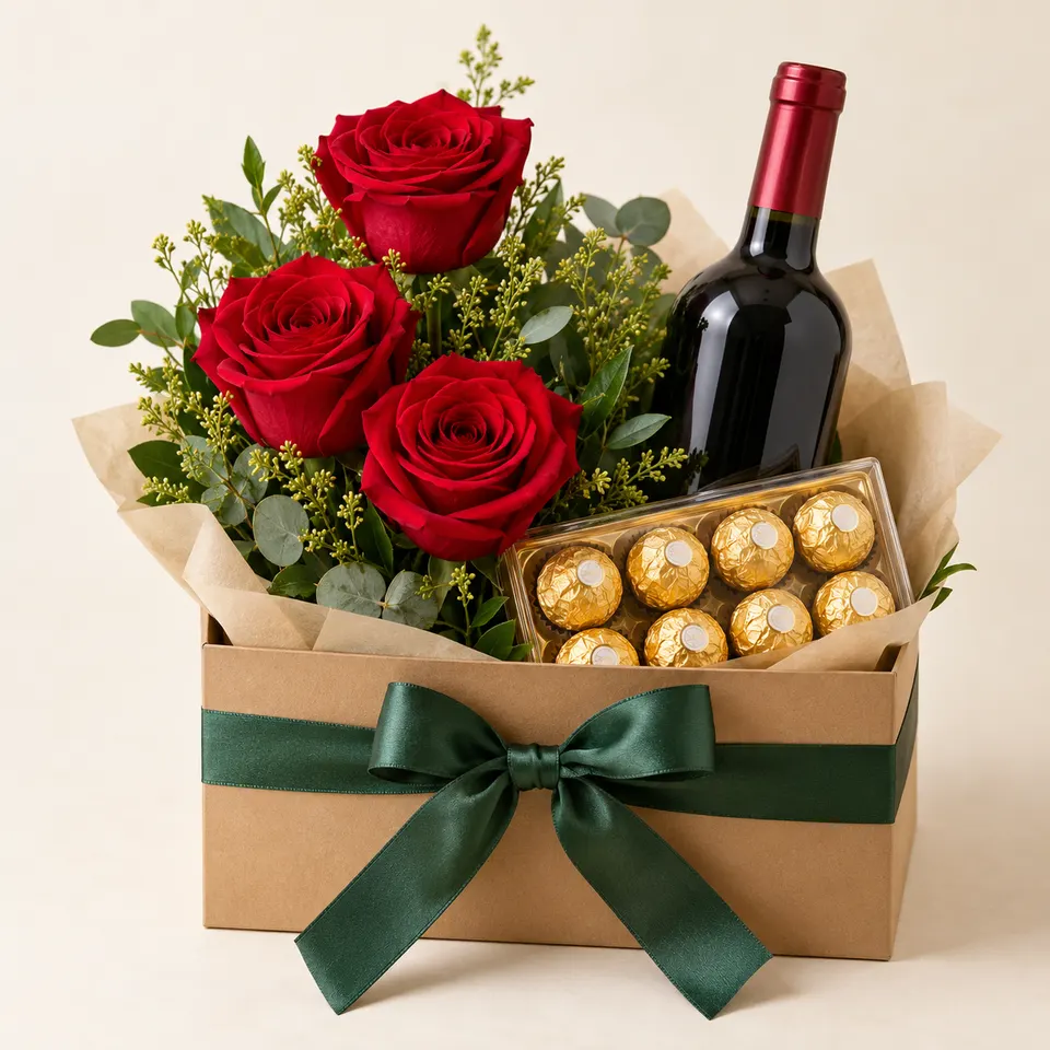 Box com rosas vermelhas, vinho e chocolate