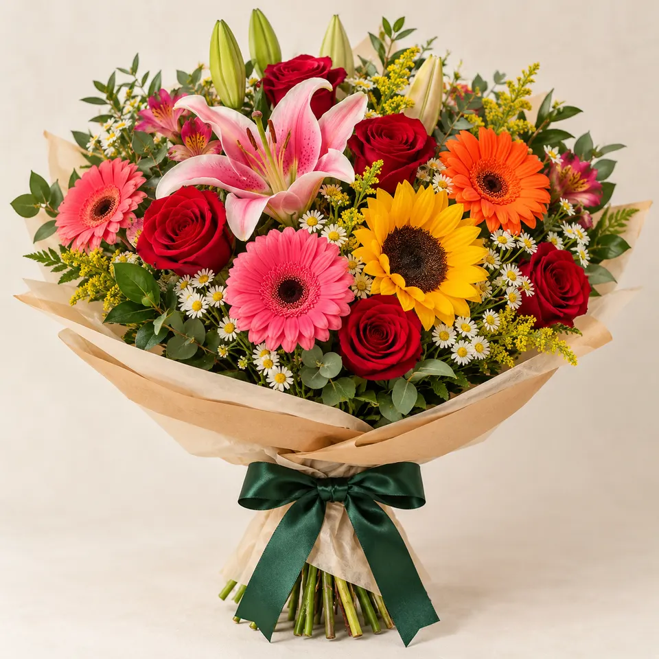 Buquê com Lírios, Rosas e Gérberas
