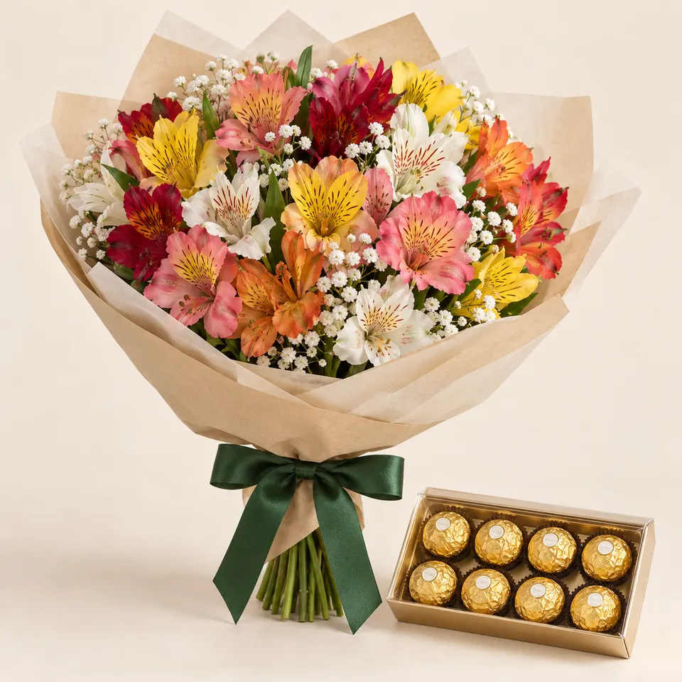 Buquê médio com Alstroemélias coloridas e Ferrero Rocher