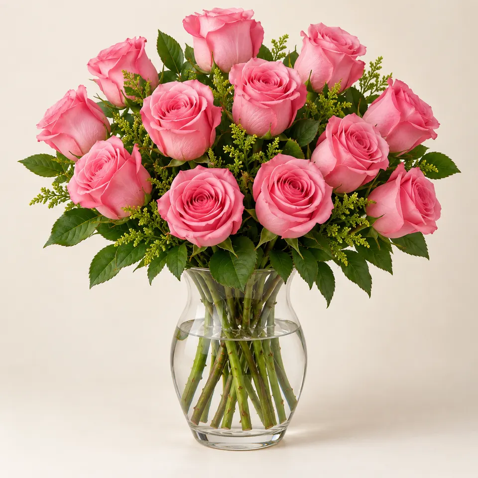 Arranjo de Rosas Rosadas em vaso e vidro
