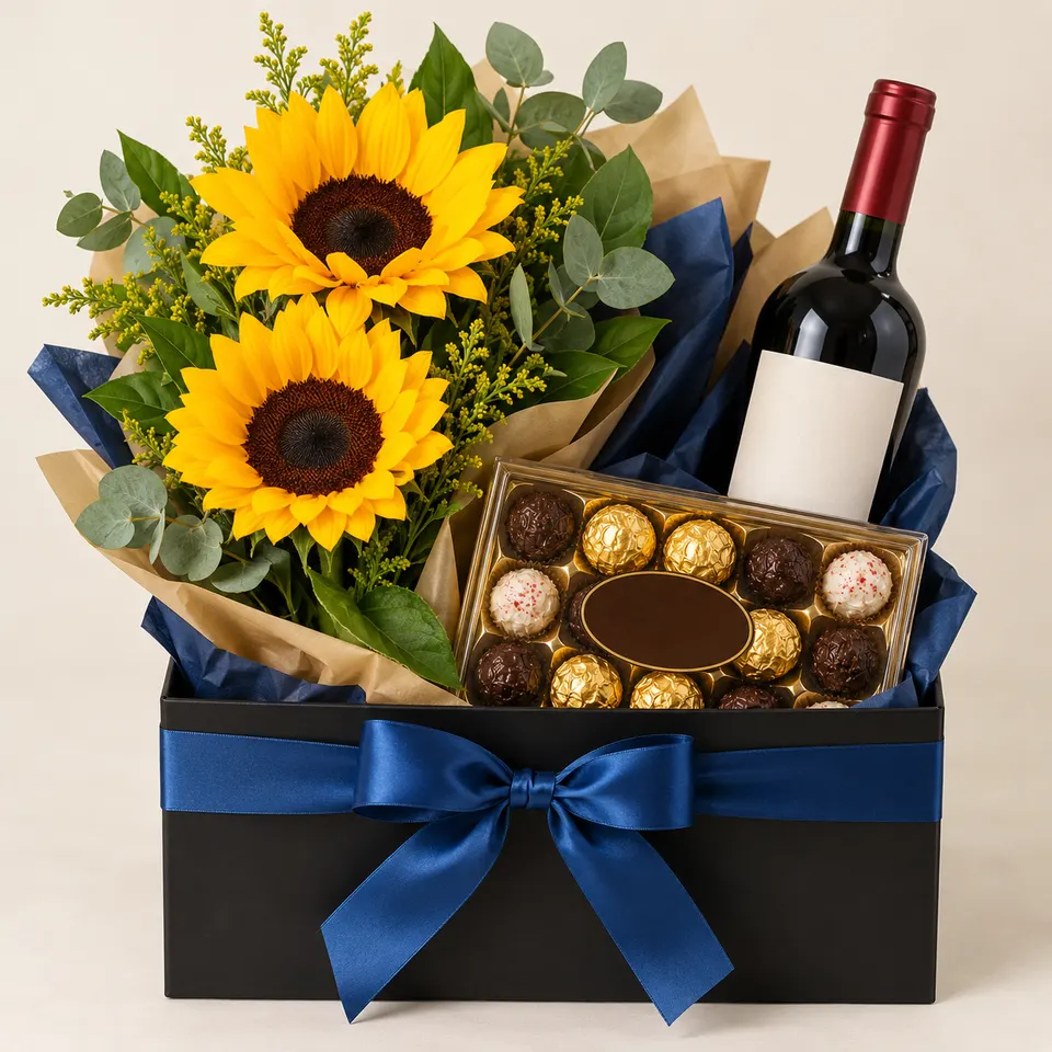 Combo Clássico - Flores, chocolates e vinho.