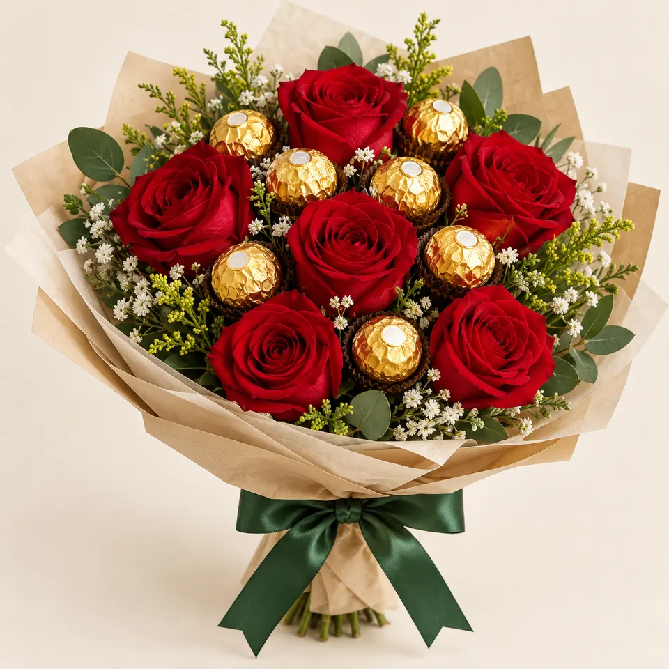 Buquê com rosas vermelhas e Ferrero Rocher entre as rosas