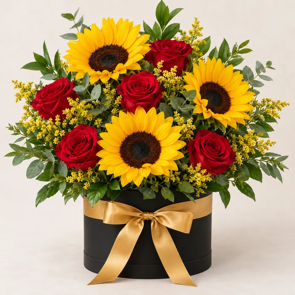 Box Luxo Girassóis e Rosas Vermelhas