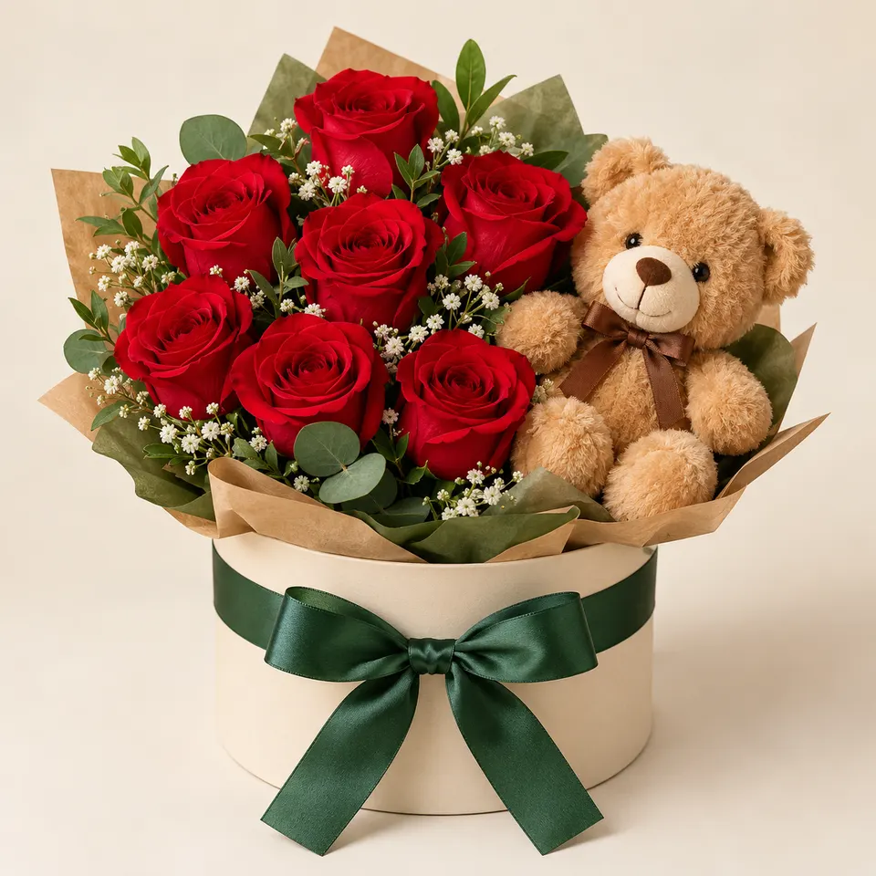 Box Romântico Rosas com Pelúcia