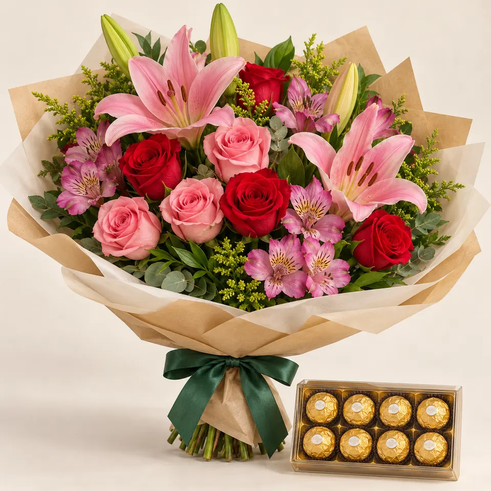 Buquê de Lírios, Rosas e Alstroemélias com Ferrero Rocher