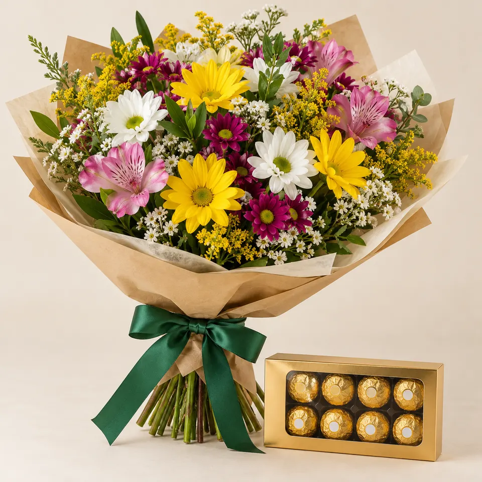Buquê com flores do campo e Ferrero
