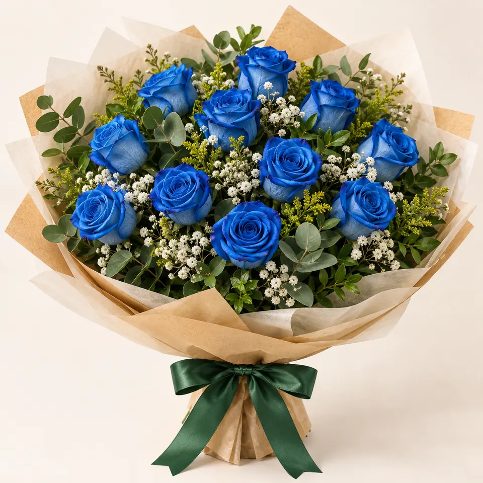 Buquê especial com 12 rosas azuis