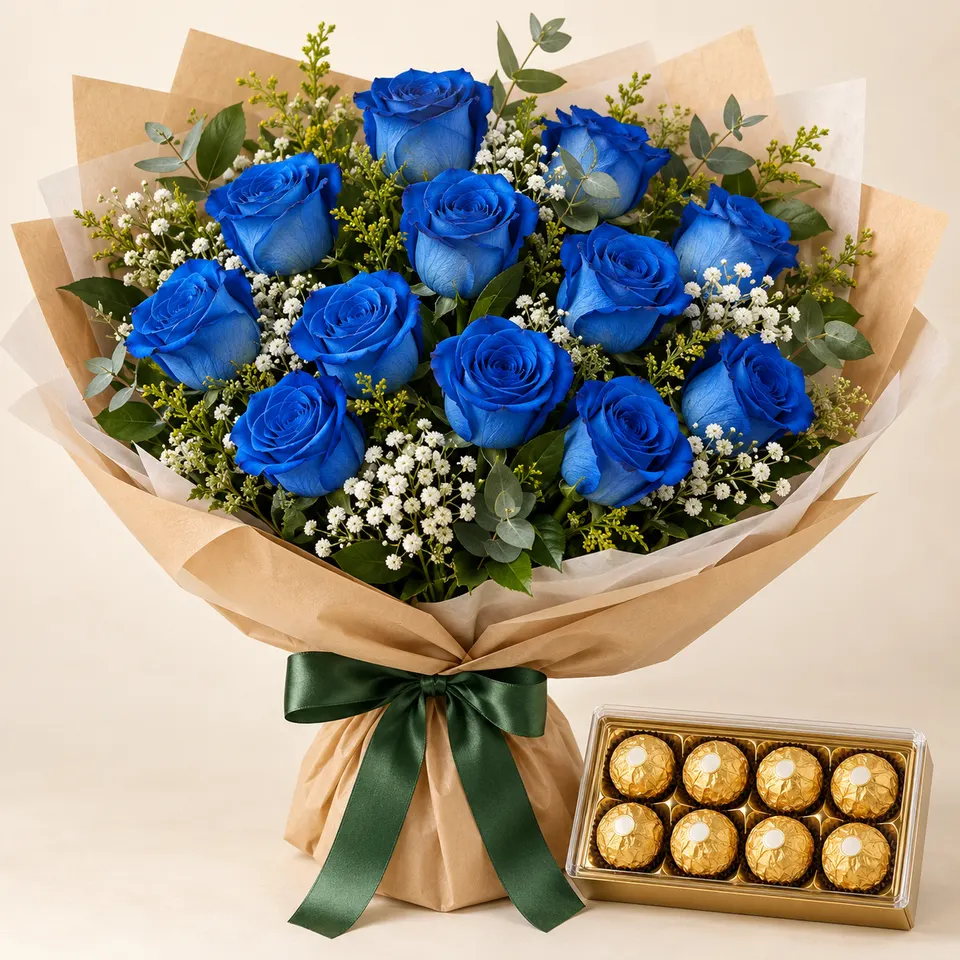 Buquê Tradicional com 12 rosas azuis e Ferrero Rocher