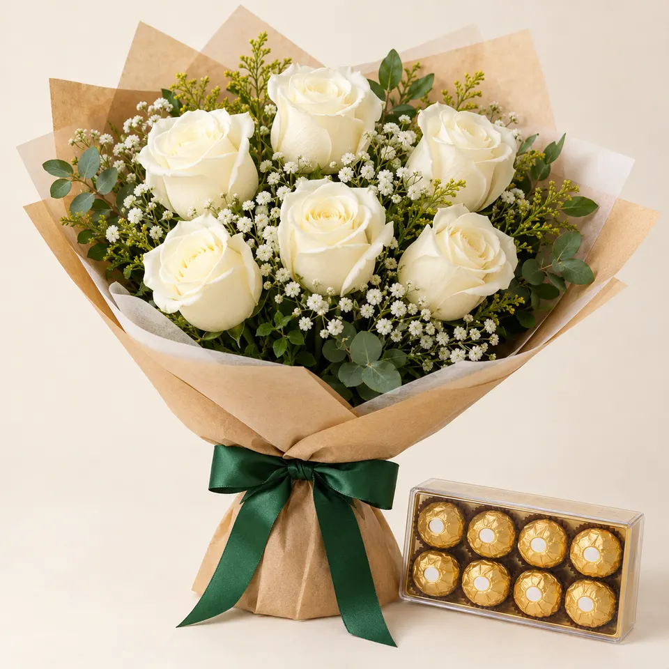 Buquê com 6 Rosas Brancas e Ferrero Rocher