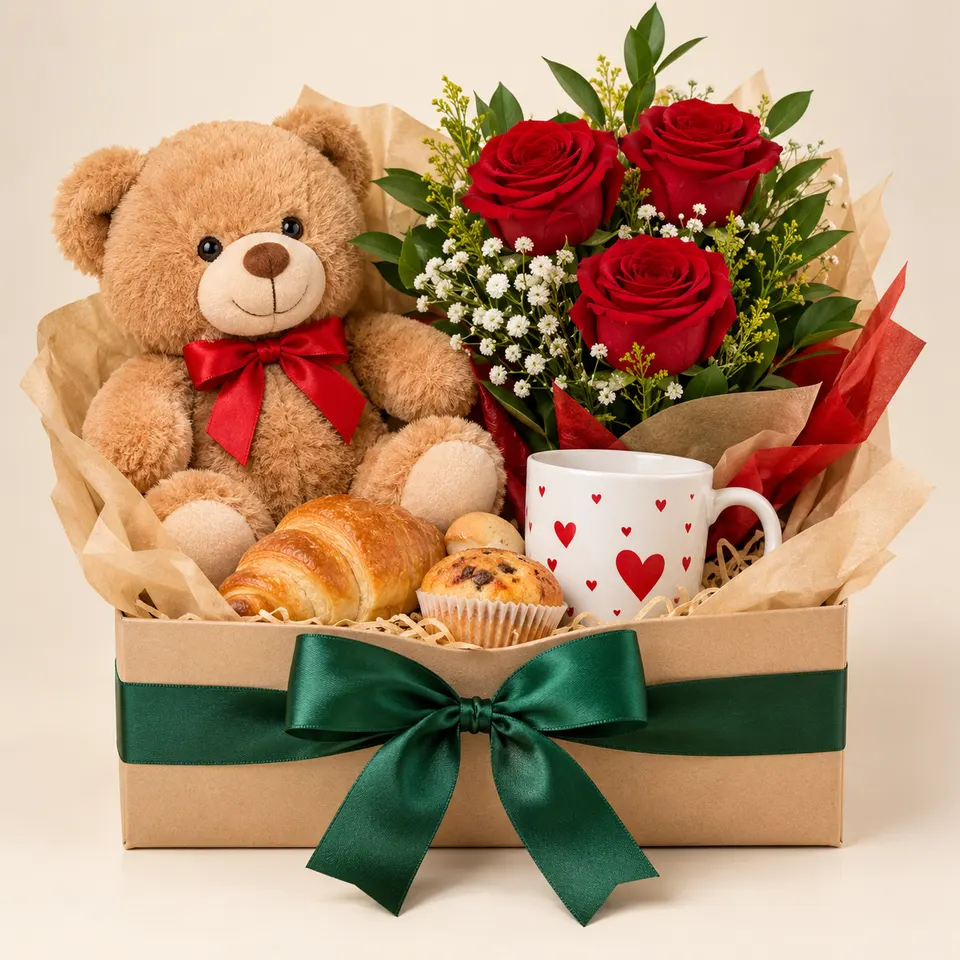 Cesta de Café com Urso, Flores e Caneca