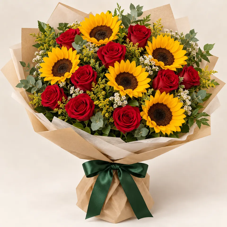 Buquê especial com rosas vermelhas e Girassóis em esponja floral