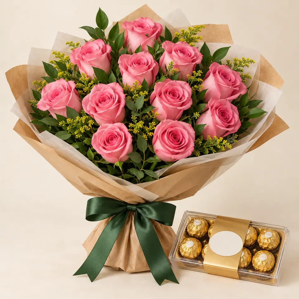 Buquê tradicional com 12 Rosas Rosadas e Ferrero