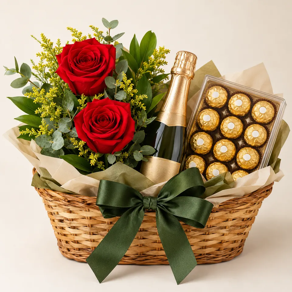 Cesta com Arranjo de Duas Rosas, Baby Chandon e Ferrero Rocher 12 Unidades