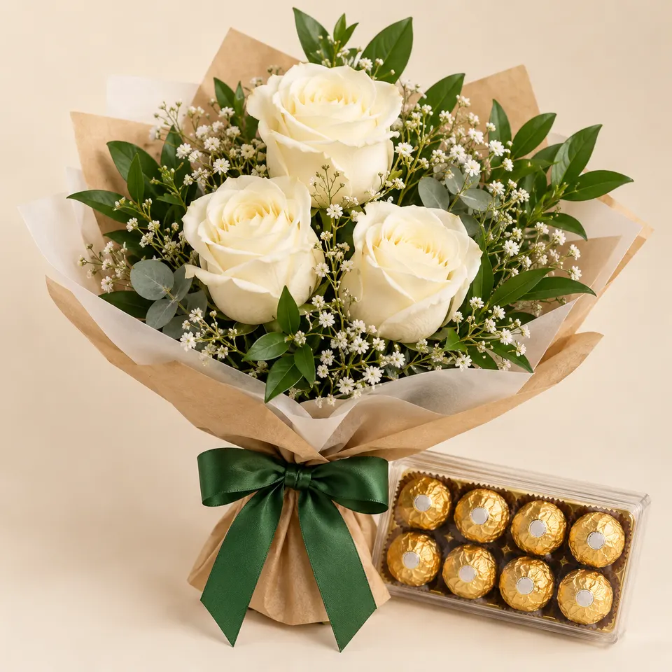 Trio de Rosas Brancas com Ferrero Rocher