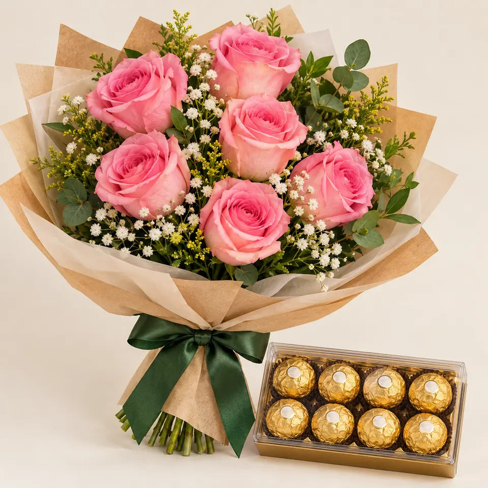 Buquê de 6 rosas rosadas e Ferrero Rocher