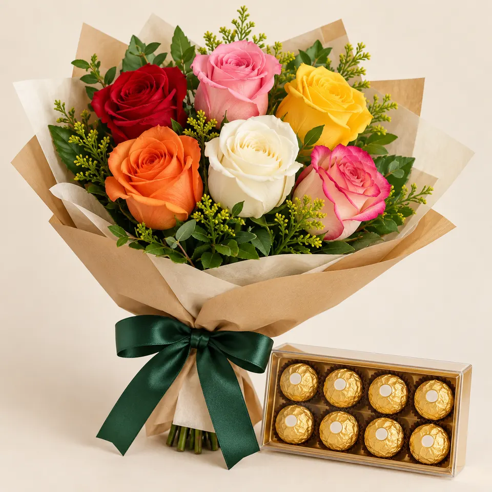 Buquê de 6 Rosas Coloridas com Ferrero Rocher