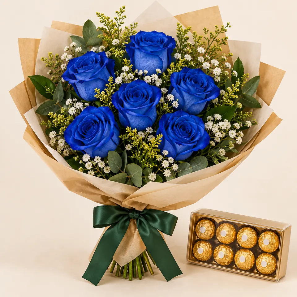 Buquê tradicional com 6 rosas azuis e Ferrero Rocher