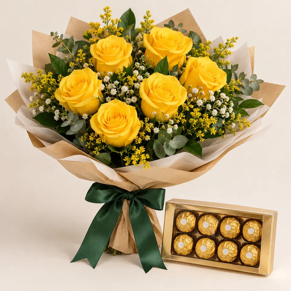 Buquê tradicional com 6 rosas amarelas e Ferrero Rocher