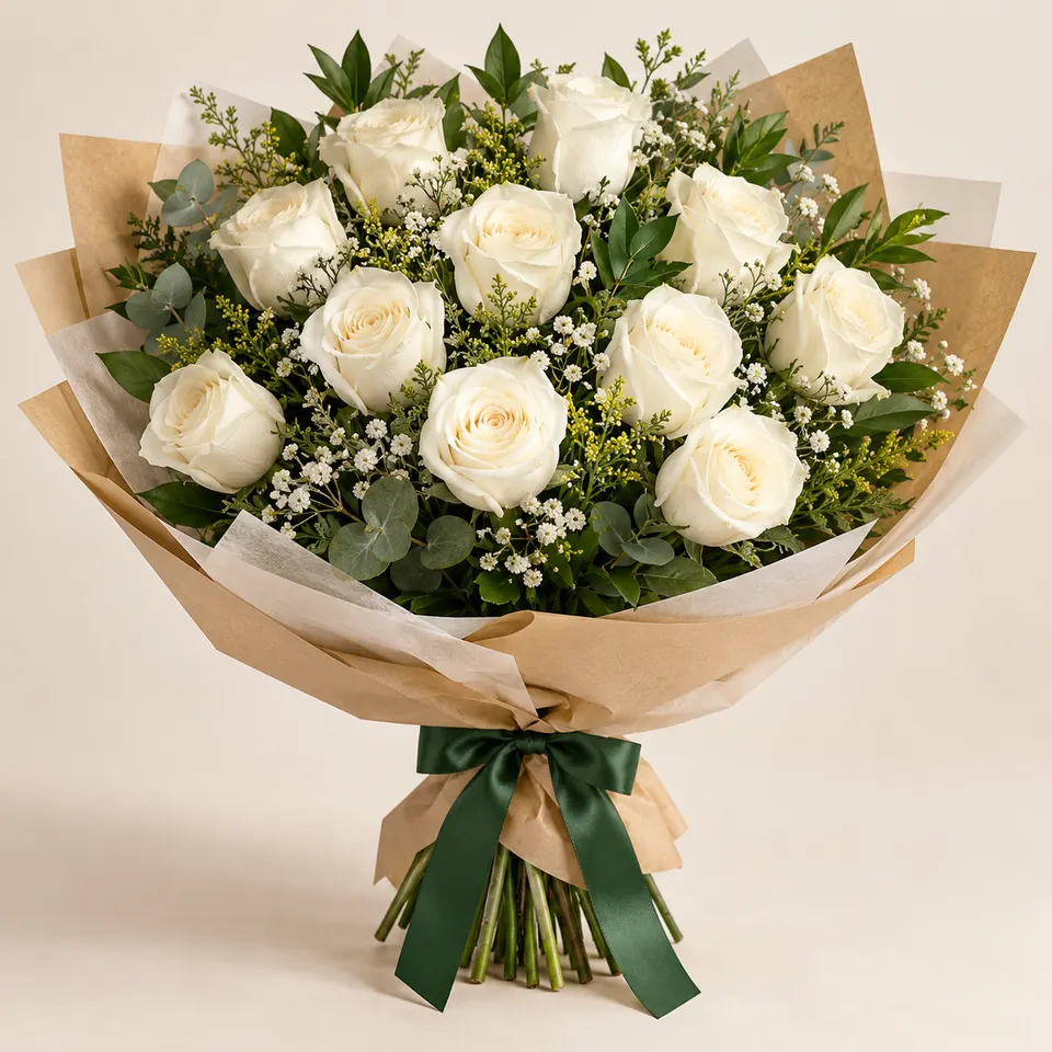 Buquê tradicional com 12 rosas brancas