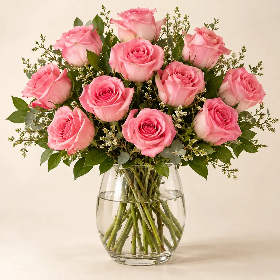 Arranjo com 12 rosas rosadas em vaso de vidro