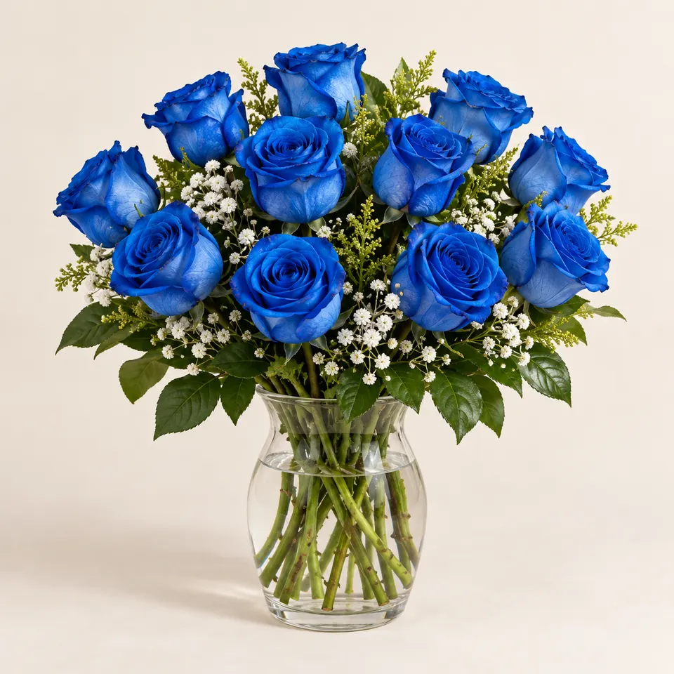 Arranjo com 12 rosas azuis em vaso de vidro