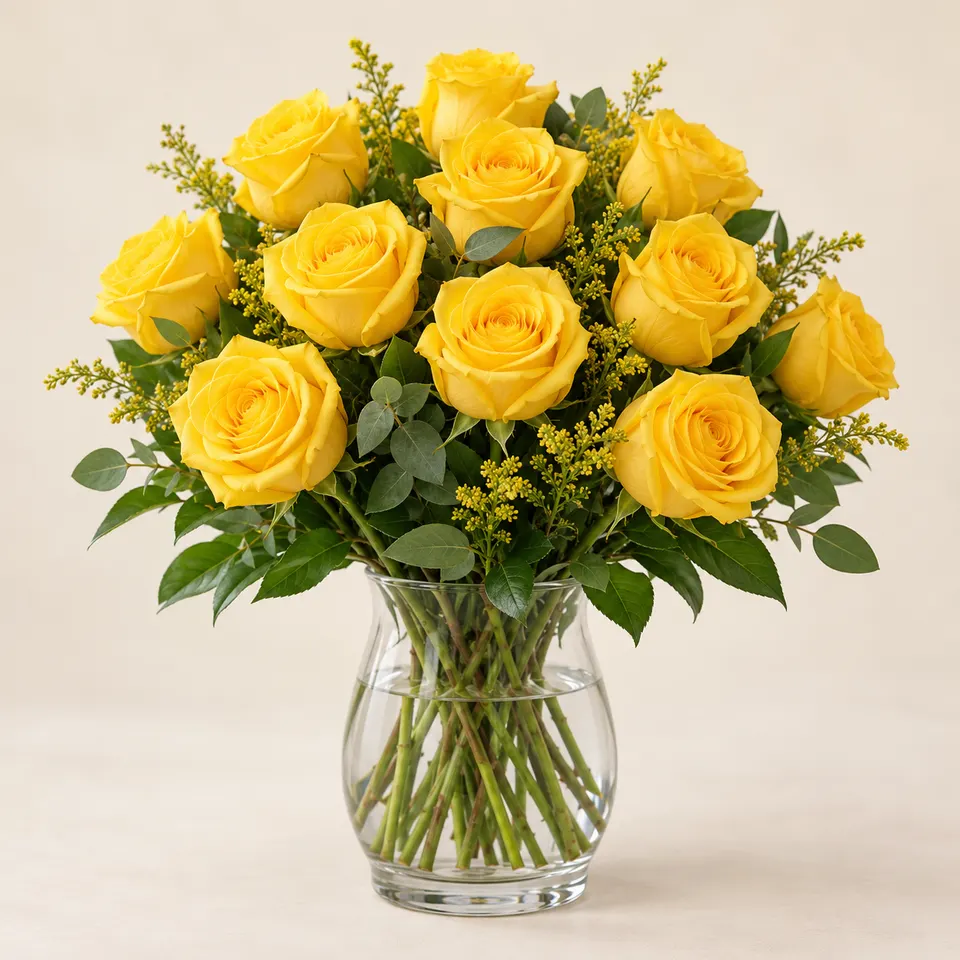 Arranjo com 12 rosas amarelas em vaso de vidro