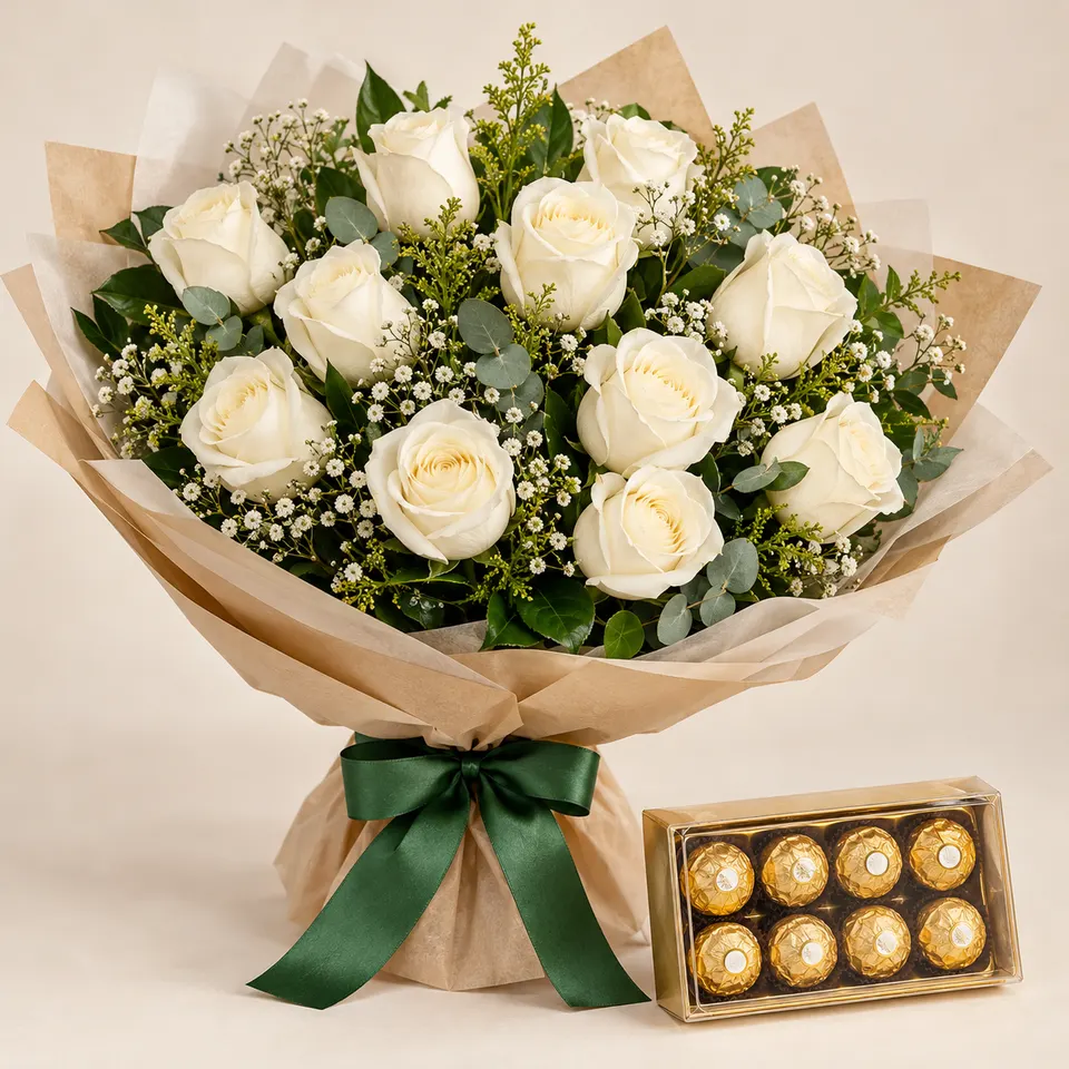 Buquê Tradicional com 12 rosas brancas e Ferrero