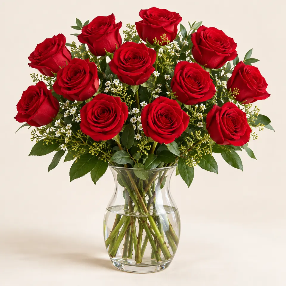 Arranjo com 12 rosas Vermelhas em vaso de vidro