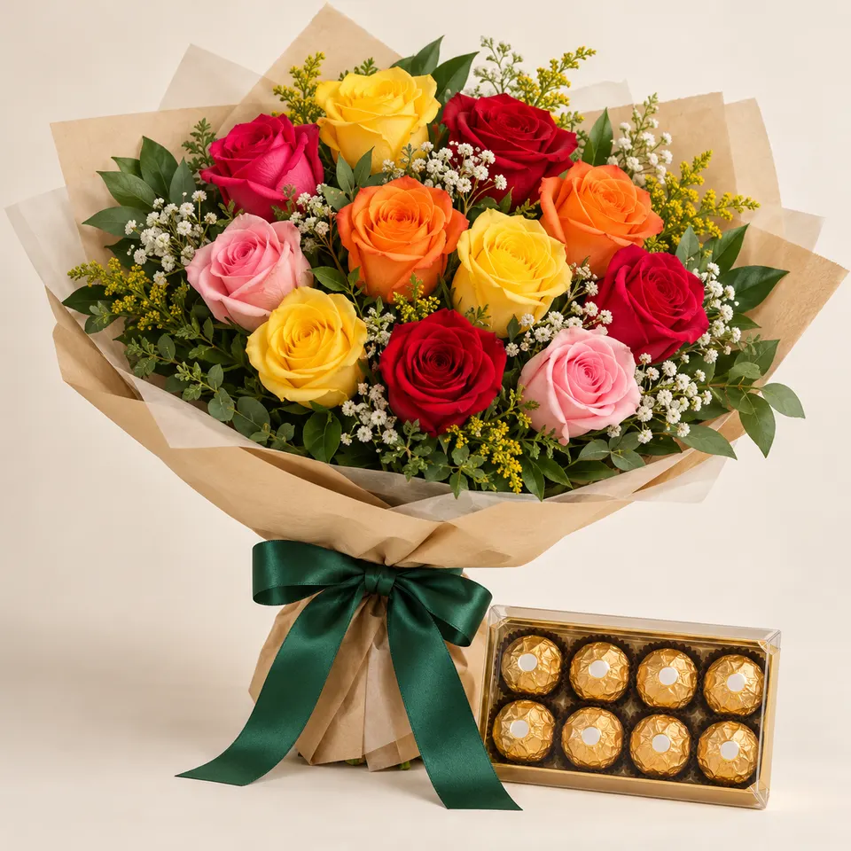 Buquê Tradicional com 12 rosas coloridas e Ferrero