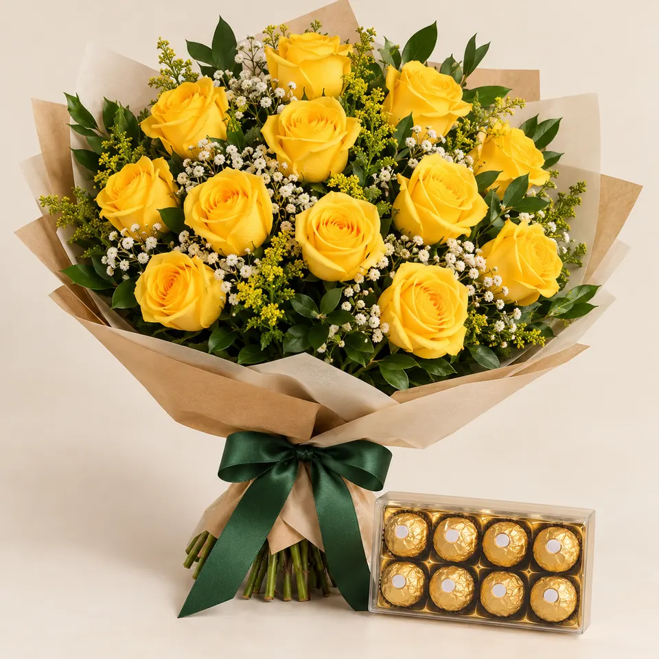 Buquê tradicional com 12 rosas amarelas e Ferrero