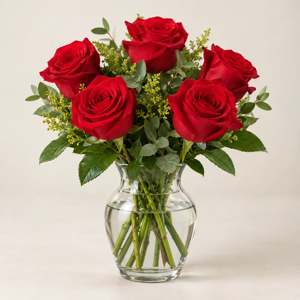 Arranjo Nobre de Rosas Vermelhas em Vaso de vidro