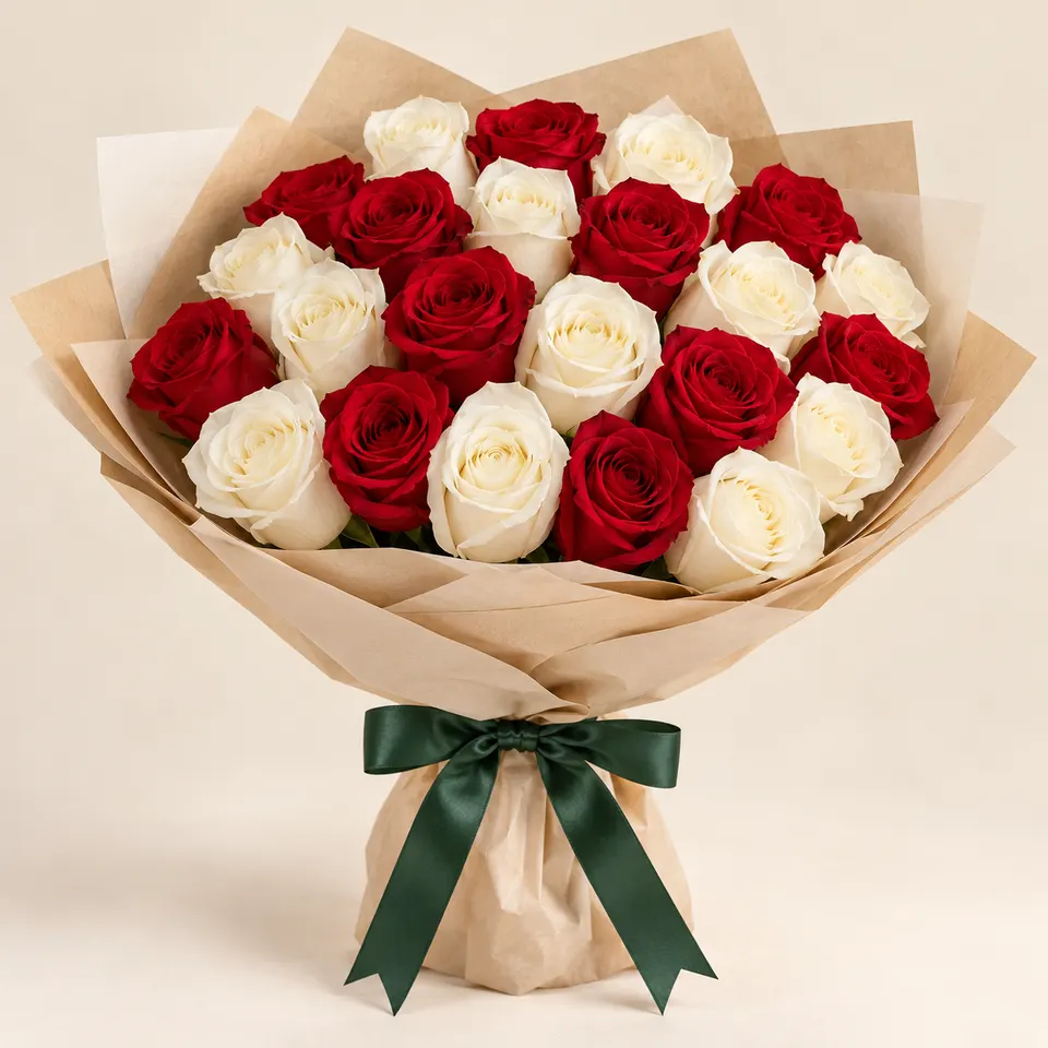 Buquê delicado com 24 rosas vermelhas e brancas