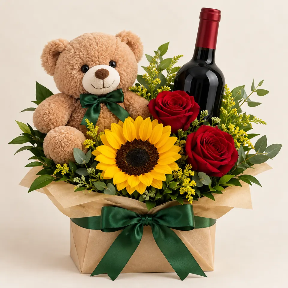Arranjo com Girassóis e Rosas Vermelhas e Pelúcia e Vinho