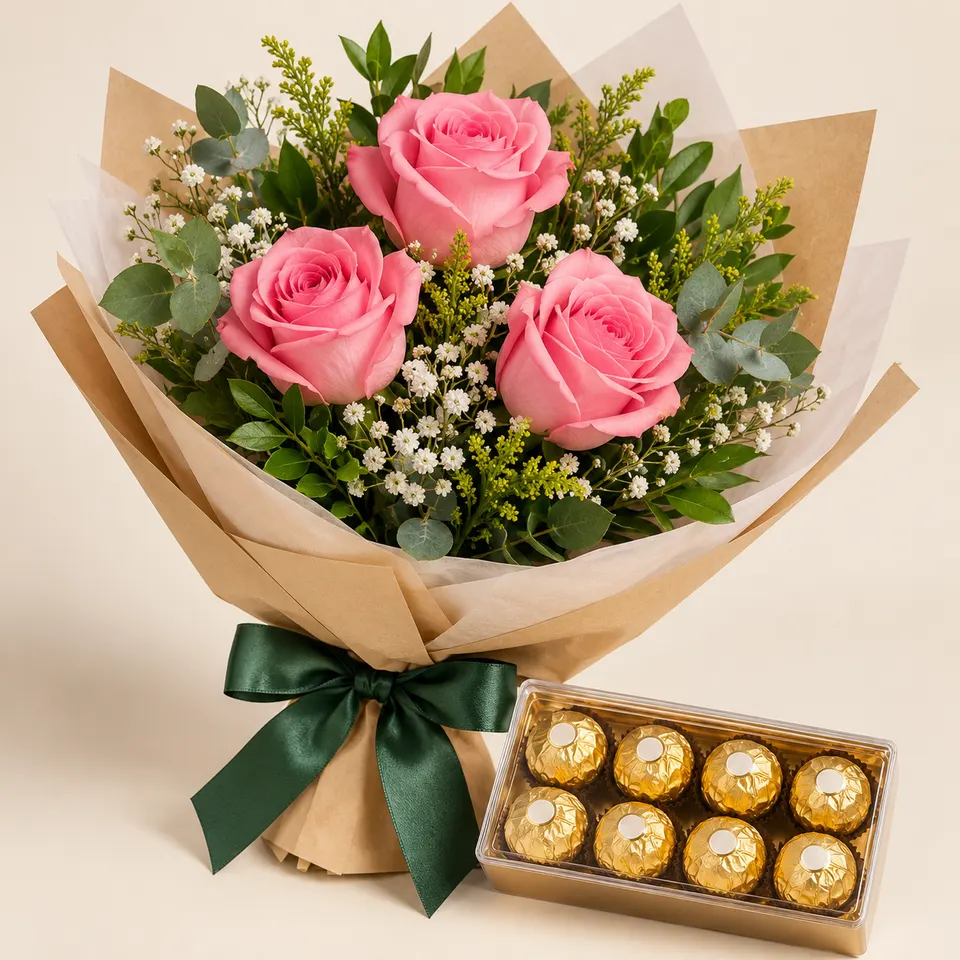 Trio de rosas rosadas e Ferrero Rocher