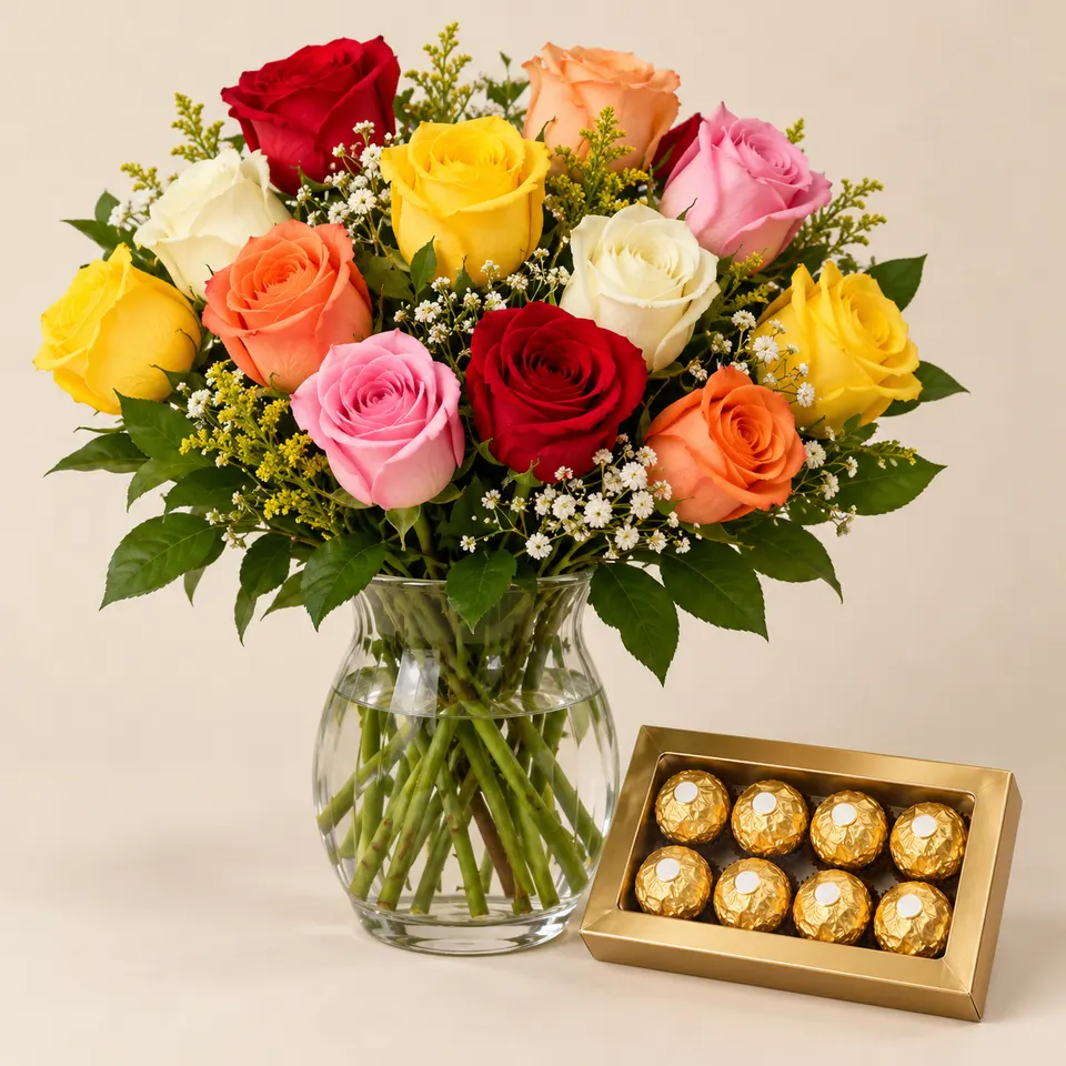 Arranjo de Rosas coloridas com Ferrero em caso de vidro