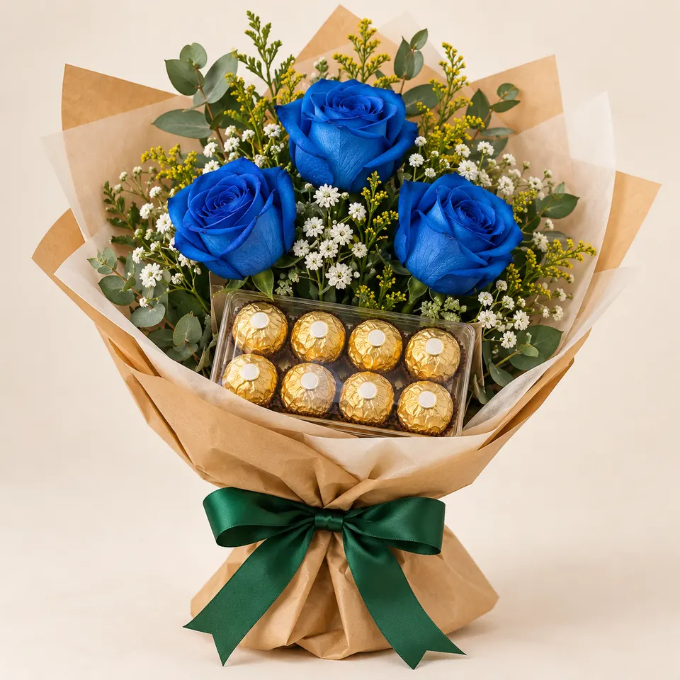 Trio de rosas azuis com Ferrero