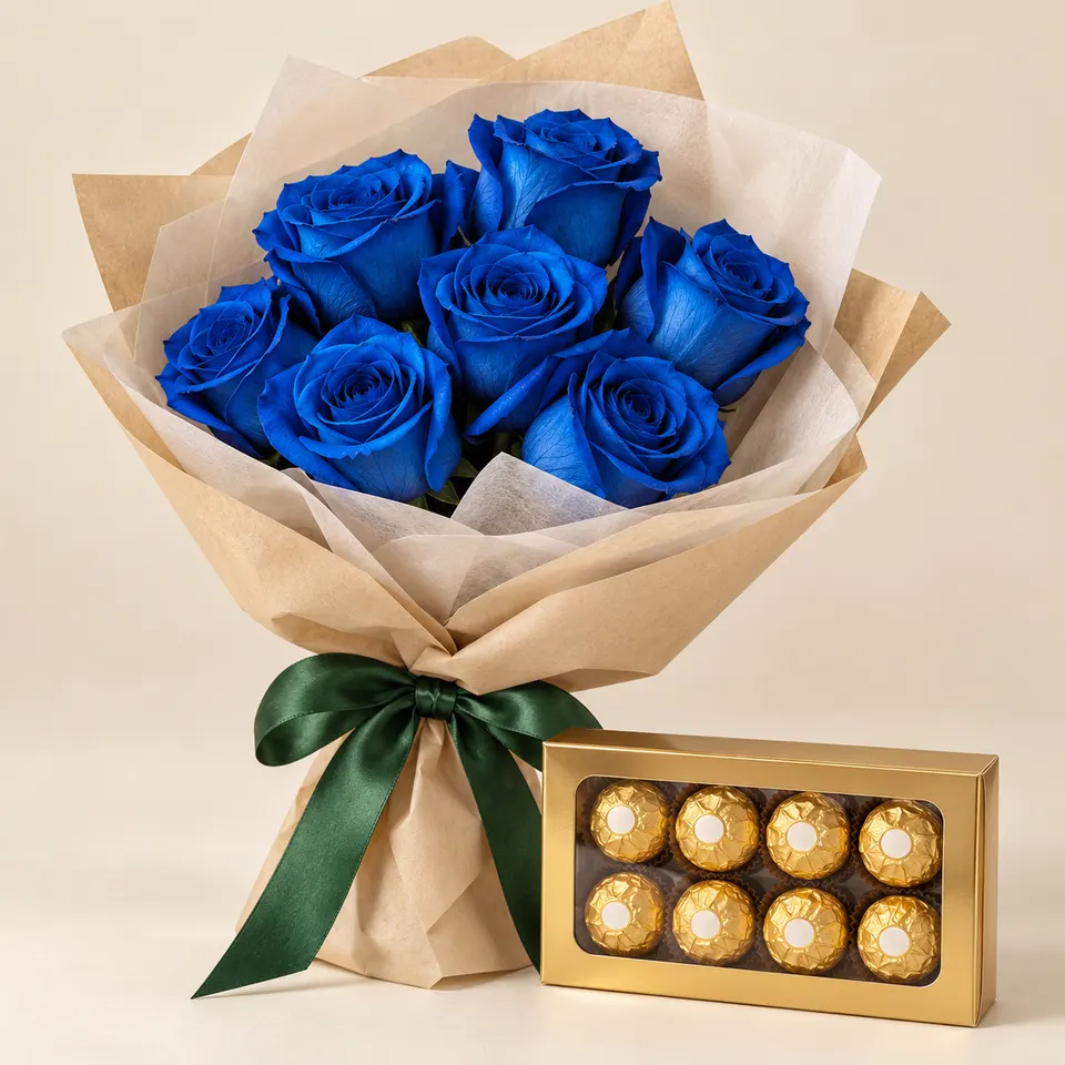 Buquê delicado de 7 Rosas Azuis com Ferrero