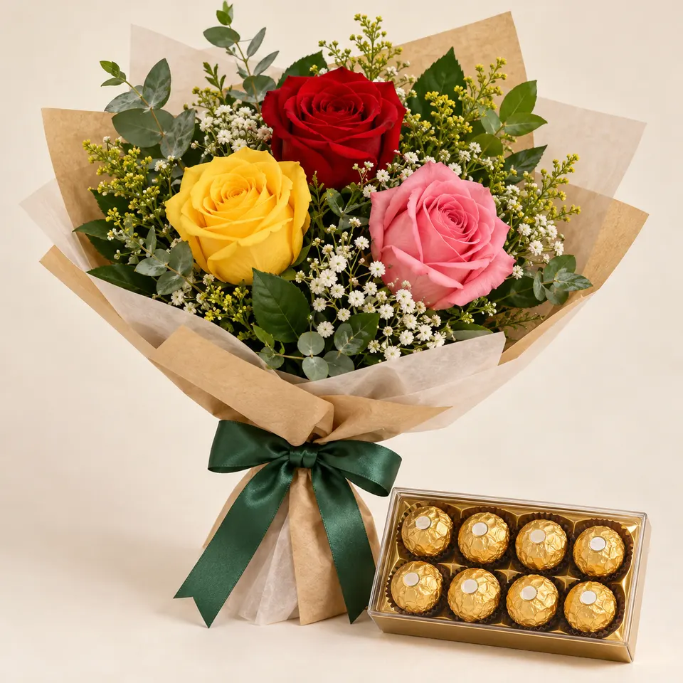 Trio de rosas coloridas com Ferrero