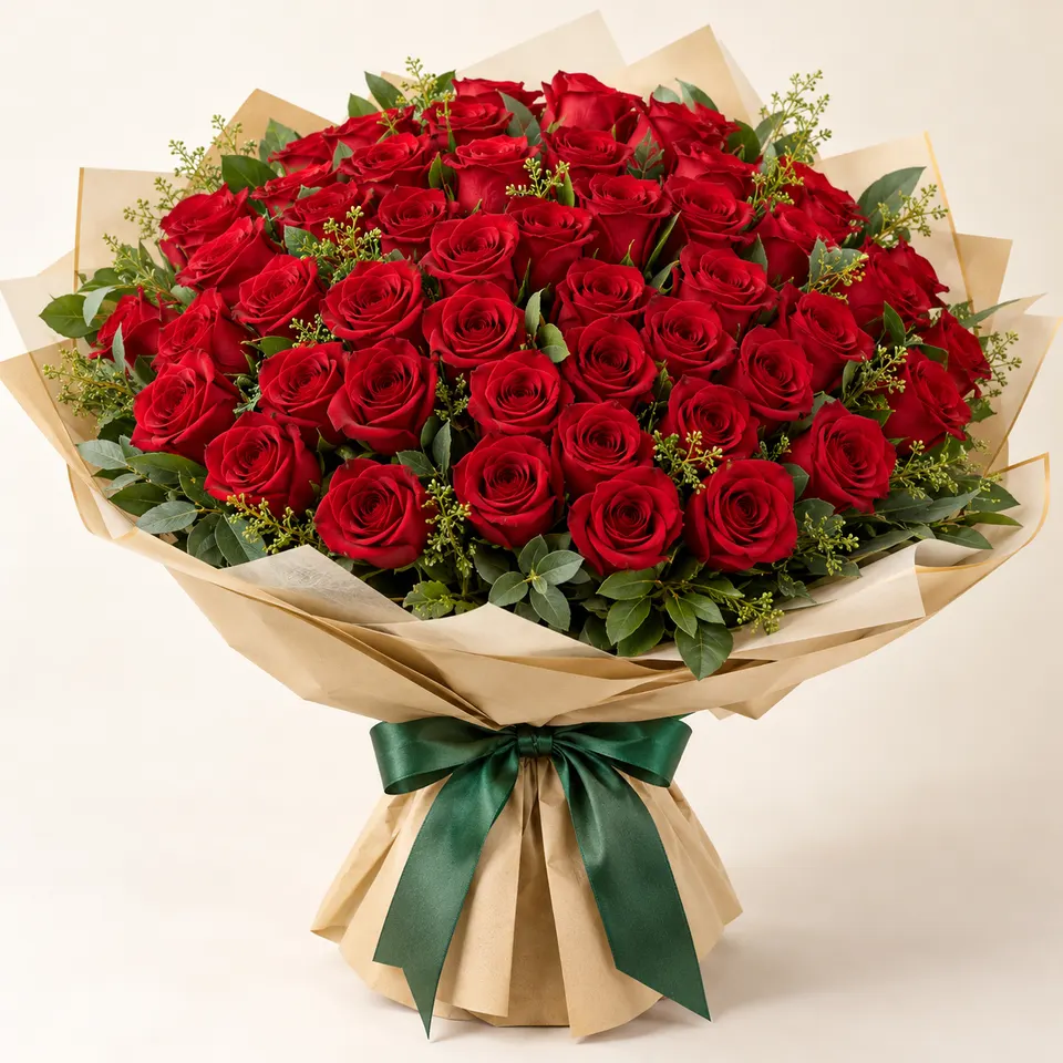 Buquê Elegância com 50 Rosas Vermelhas