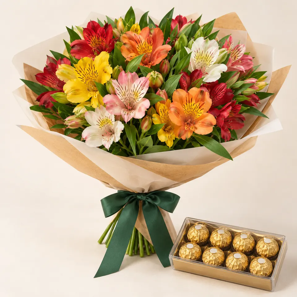 Buquê de Alstroemélias coloridas com Ferrero Rocher