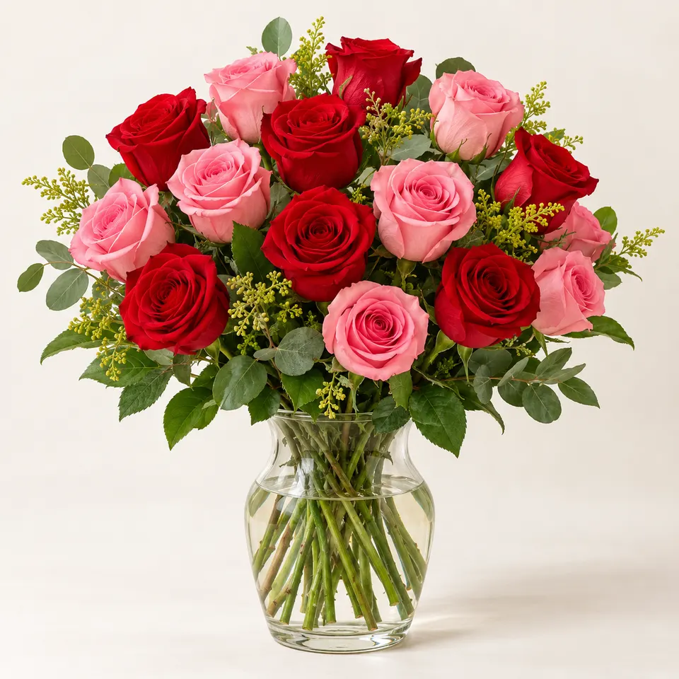 Arranjo de rosas vermelhas e rosadas em vaso de vidro