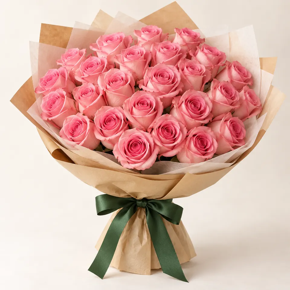 Buquê delicado com 24 rosas rosadas