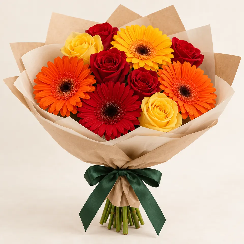 Buquê delicado vibrante de Gérberas e Rosas