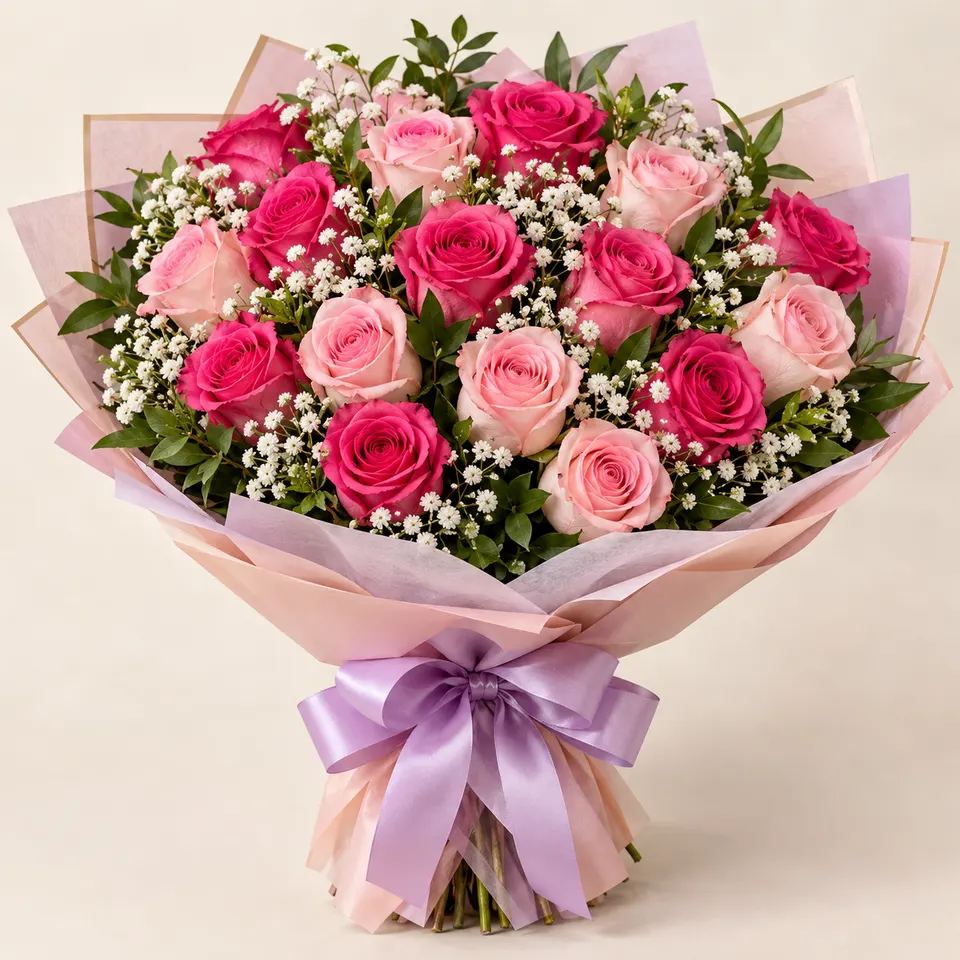 Buquê com 20 Rosas em Tons de Rosa