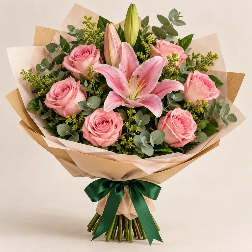 Buquê com Lírios Rosa e Rosas Rosadas