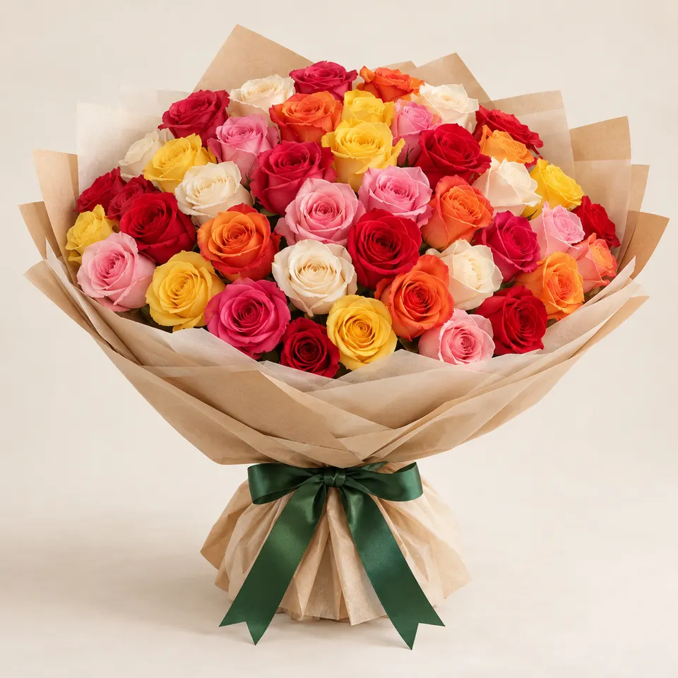 Buquê delicado de 50 Rosas Coloridas